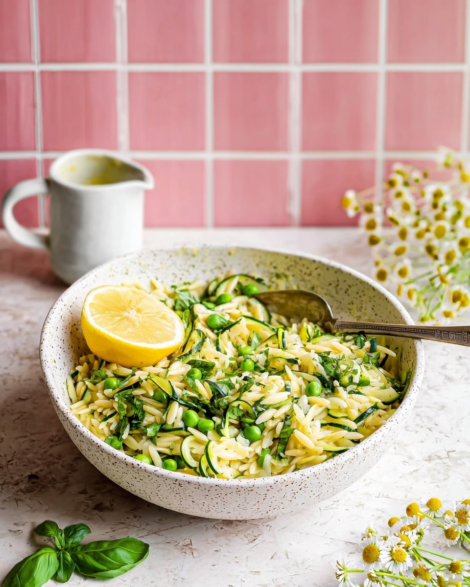 The image shows a white speckled bowl filled with a colorful orzo pasta salad. The dish has several layers, including white orzo pasta mixed with bright green peas and thin slices of light green zucchini. There's also chopped fresh green herbs scattered throughout. On top of the salad sits a halved bright yellow lemon, adding a pop of color. A silver fork rests inside the bowl, slightly immersed in the salad. The bowl sits on a white marbled surface with a pink tiled background, next to a small white sauce pitcher with some dressing inside and a few fresh green basil leaves placed nearby. There is also a blurred bunch of small white and yellow flowers in the upper right corner. photo taken with an iphone --ar 4:5 --v 7
