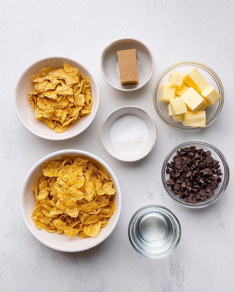The image shows seven small bowls arranged on a white marbled surface, each with a different ingredient. Starting from the bottom left, there is a white bowl filled with golden-yellow corn flakes, showing a rough, crispy texture; above it, a white bowl with a single light brown, round block of a fine powdery ingredient; next to that on the right, there is a small clear glass bowl with pale yellow butter pieces that are smooth and creamy. On the top right, a white bowl contains dark brown, small chocolate chips with a shiny surface. Below that, there is a clear glass bowl filled with a white powdery substance, likely salt, and next to it, a small clear glass with a clear liquid that looks like water. Finally, near the bottom center, is a tiny clear bowl with a darker liquid, possibly vanilla, sitting in the middle. All items are neatly spaced on the white marbled texture under soft lighting. photo taken with an iphone --ar 4:5 --v 7
