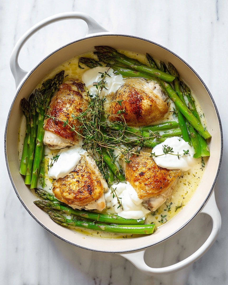 The image shows a white round pot filled with three golden-brown, cooked chicken pieces placed on top of bright green asparagus stalks. The dish is layered with a light creamy sauce at the bottom, and there are dollops of white cream on three spots around the chicken. Fresh green thyme sprigs are placed on top of the chicken for garnish. The pot is placed on a white marbled surface. photo taken with an iphone --ar 4:5 --v 7