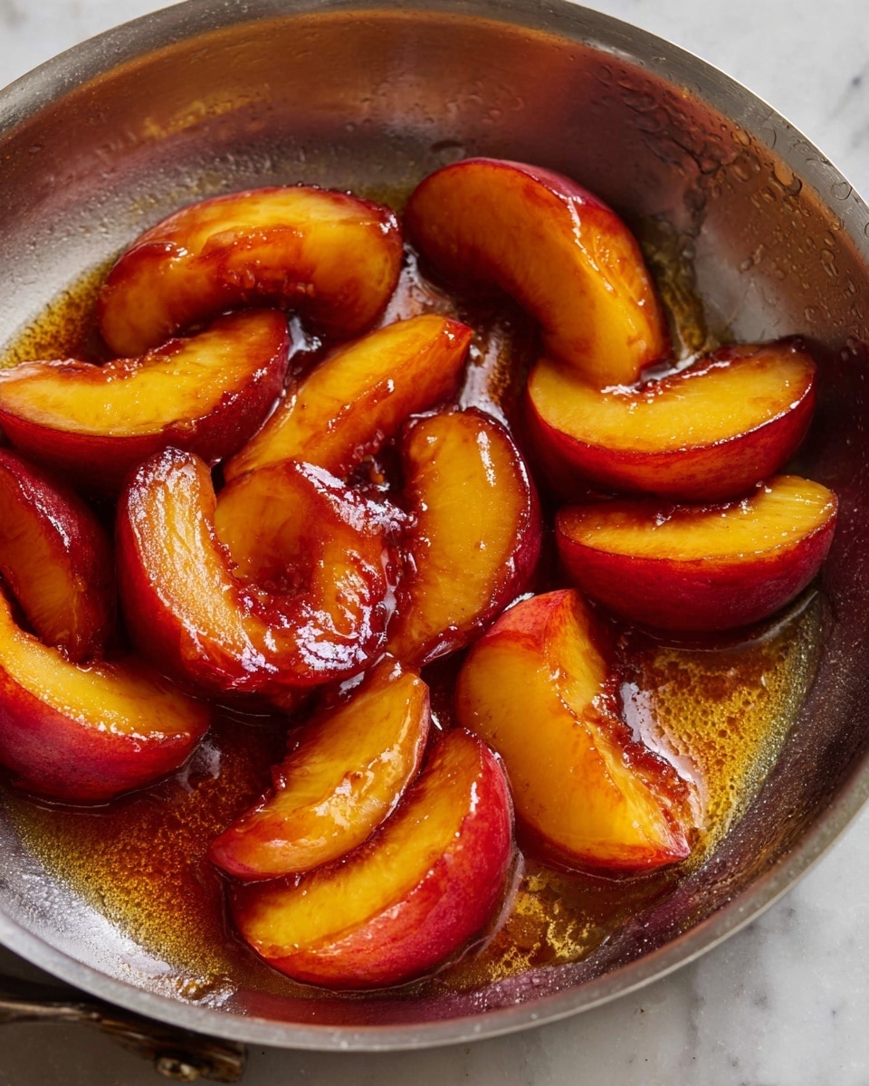 A close-up view of several thick, shiny peach slices cooked in a silver pan, each slice showing a deep orange color with hints of red skin around the edges, glossy from a syrupy glaze that looks warm and sticky, some juice pooled at the bottom creating a rich amber liquid layer beneath the fruit, the pan's surface showing some texture from use. The background features a white marbled texture. photo taken with an iphone --ar 4:5 --v 7