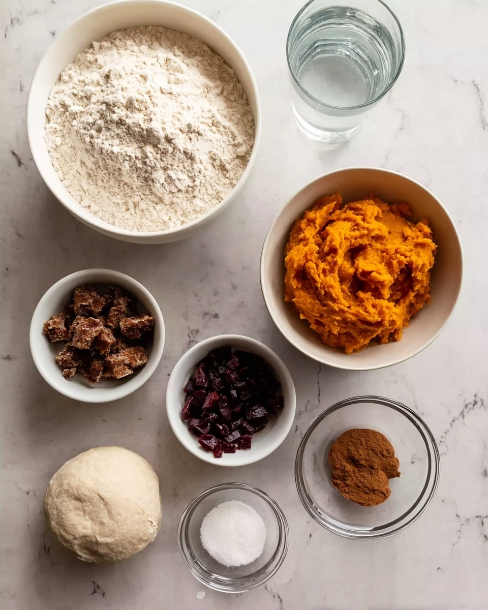 An overhead view of eight bowls arranged on a white marbled surface, each containing different ingredients for baking. The largest white bowl at the top left is filled with pale flour. To its right is a tall white glass filled with clear water. Below the water, a medium white bowl holds bright orange mashed sweet potatoes with a soft, slightly textured look. To the left of the sweet potatoes, a small white bowl contains dark brown packed brown sugar with a crumbly texture. Below these, a small white bowl is filled with dark red beet pieces that look soft and uneven. To the right, a tiny clear bowl holds white granulated sugar. At the bottom left, a round bowl with a grayish dough ball is smooth and pale. Finally, a small clear bowl to the right contains fine brown cinnamon powder. All containers are neatly placed on the uniform white marbled surface. photo taken with an iphone --ar 4:5 --v 7
