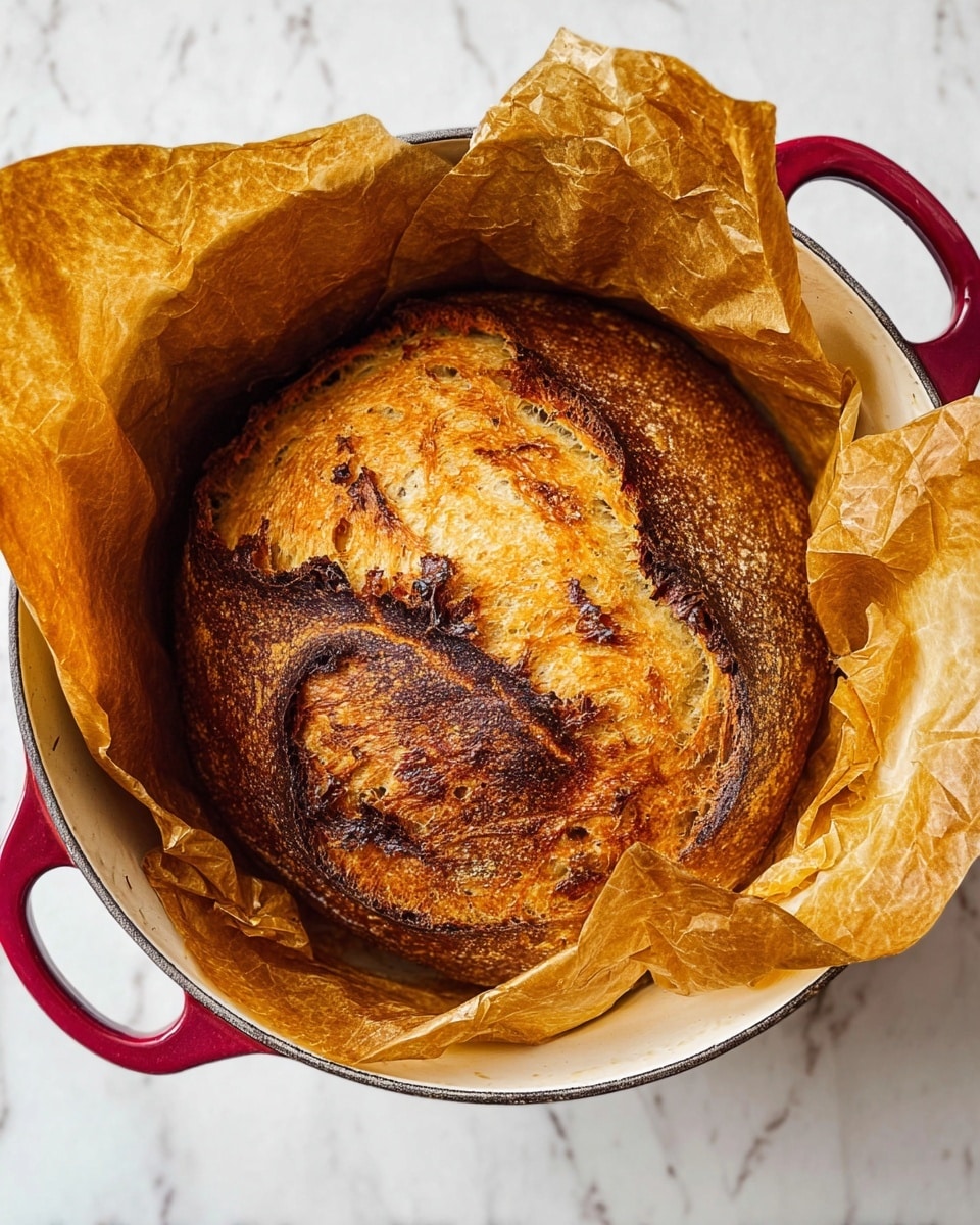 A large round loaf of bread with a golden-brown crust sits inside a white pot lined with crinkled parchment paper. The bread’s surface shows rough, textured areas with darker, slightly burnt spots and swirl patterns that suggest cinnamon or spices inside. The edges of the parchment paper are folded over the pot's sides, and the pot has bright red handles. The background is a white marbled surface. photo taken with an iphone --ar 4:5 --v 7
