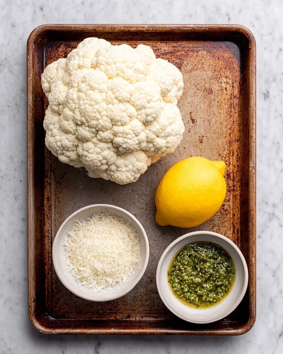A rusty, square metal baking tray holds four items arranged neatly: a large, white cauliflower with tightly packed florets is positioned in the upper left, a bright yellow lemon sits to the right of the cauliflower, a small white bowl filled with finely grated white cheese is at the bottom left, and another small white bowl containing a green, textured pesto sauce is at the bottom right. The tray is placed on a white marbled surface. photo taken with an iphone --ar 4:5 --v 7