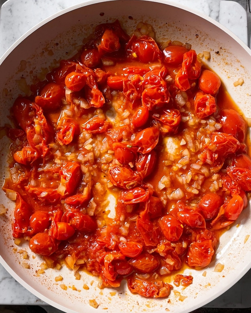 A white pan filled with a cooked tomato sauce showing roughly two layers: the first layer contains soft, chunky pieces of roasted red tomatoes in bright red and orange tones, and the second layer has small, translucent, diced onions mixed with the tomato juice, oil, and spices, creating a glossy, oily, and slightly textured sauce that spreads unevenly across the pan. The white marbled surface underneath the pan is slightly visible around the edges, and the overall look is warm and fresh. photo taken with an iphone --ar 4:5 --v 7