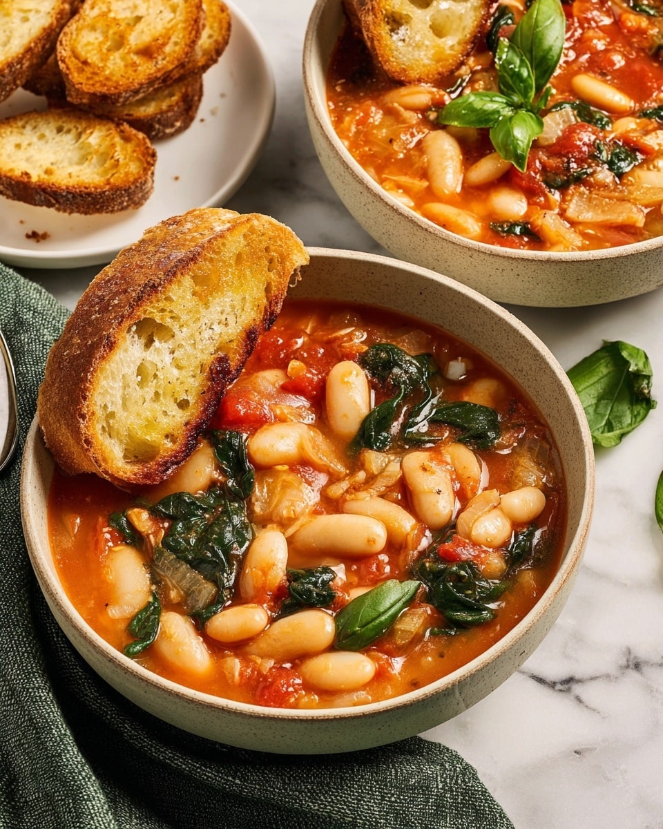 Two bowls of thick, creamy white bean and tomato soup sit on a white marbled surface with a green cloth underneath. Each bowl has a rim and contains a rich orange-red broth filled with large white beans, chunks of tomato, bits of onion, and dark green spinach leaves scattered throughout. On top of each bowl, a piece of golden toasted bread with a crisp texture leans against the side, one showing a woman's hand breaking a piece off. Fresh basil leaves garnish the soup, adding a bright green contrast. A small white plate with extra toasted bread rounds is partly visible in the background. Photo taken with an iphone --ar 4:5 --v 7