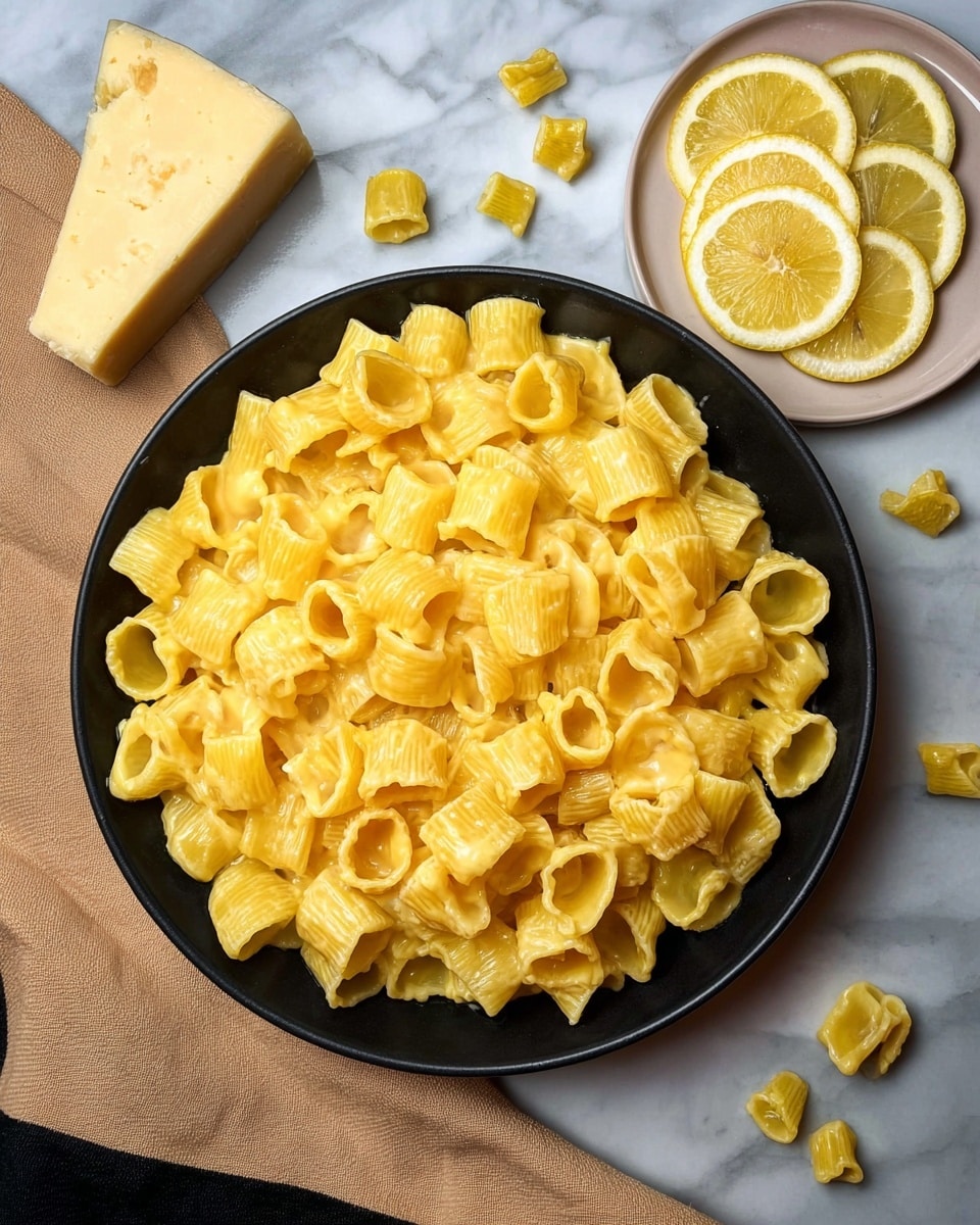 A black round bowl filled with short tube pasta covered in a creamy yellow sauce. The pasta pieces have a ridged texture and the sauce looks smooth and thick, evenly coating each piece. To the top right of the bowl is a small white plate with three thin lemon slices arranged overlapping each other. Scattered around the bowl are a few uncooked pasta pieces matching the cooked ones. In the top left corner is a wedge of pale yellow hard cheese. The bowl rests on a white marbled surface with a folded light brown cloth with black edges placed near the bottom left side of the bowl. Photo taken with an iphone --ar 4:5 --v 7