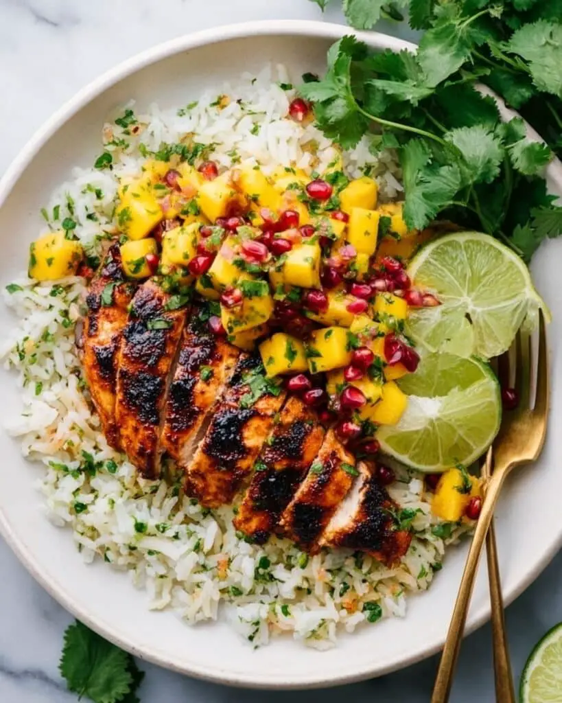 Cilantro Lime Chicken with Mango-Avocado Salsa and Cilantro-Lime Rice Recipe