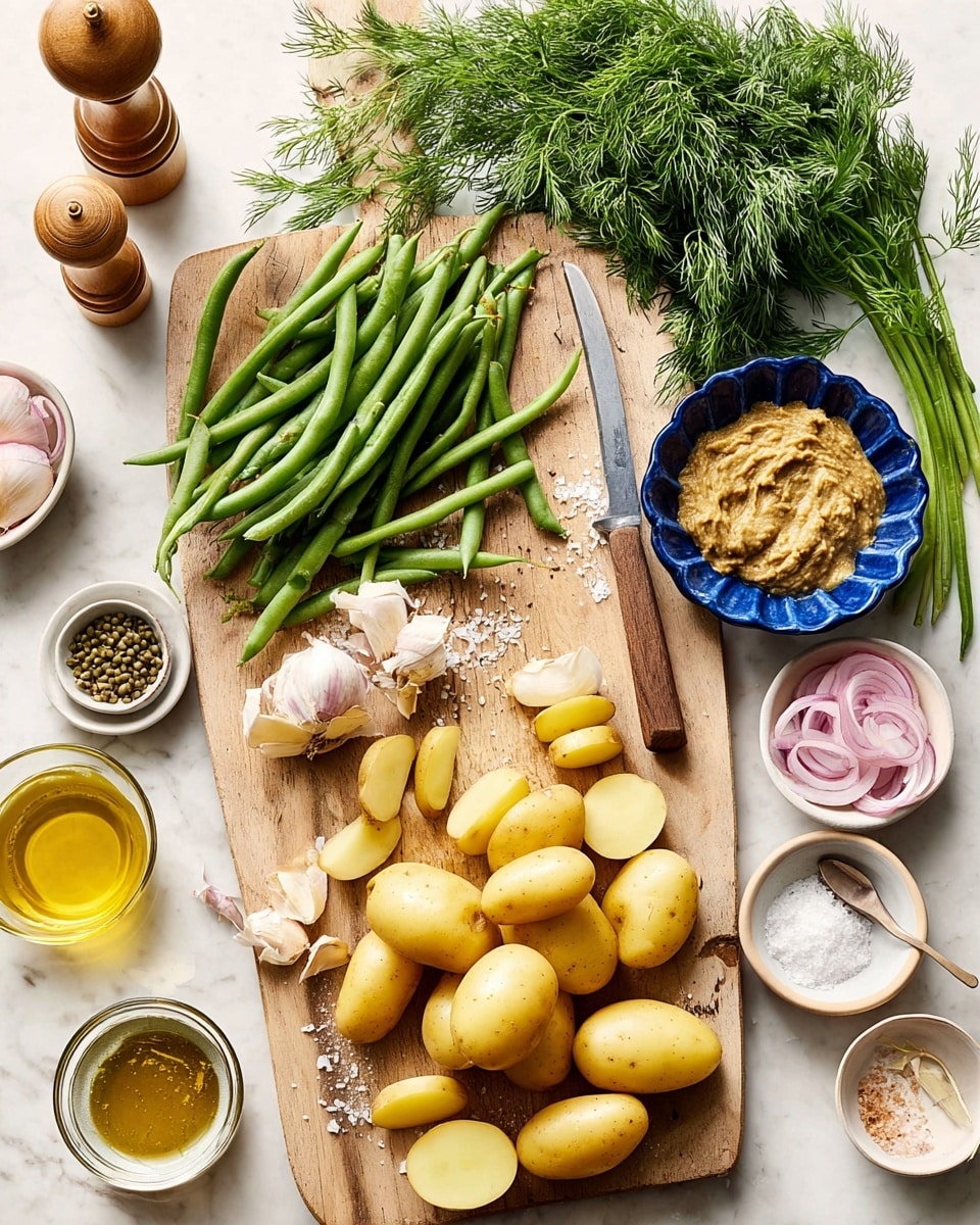 A wooden board sits on a white marbled surface with several fresh ingredients arranged on it. On the left side, a pile of long, green beans with a smooth texture lays next to a knife with a wooden handle. Near the center, there is a whole head of garlic with a few separated cloves around it, showing a pale cream color. Below the garlic are several fingerling potatoes in yellow with smooth skin, some whole and some cut into halves and slices, showing their light yellow inside. To the right, a blue scalloped bowl holds whole grain mustard with a coarse texture in light brown and mustard yellow colors. Behind the potatoes and bowl, a bunch of fresh dill with feathery green leaves adds a lively touch. Surrounding the board are small bowls and containers with ingredients including sliced shallots in pale pink, capers in green, salt in a white bowl with a wooden scoop, and clear glass bottles filled with golden oil. A wooden pepper grinder stands near the top. The whole scene is bright and clean, with natural light enhancing the fresh colors. Photo taken with an iphone --ar 4:5 --v 7