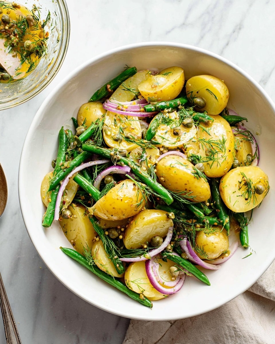 A white bowl holds a layered potato and green bean salad on a white marbled surface. The first layer consists of golden-yellow potato slices, some whole and some halved, with a smooth baked texture and sprinkled with green dill and small mustard seeds. The next layer is fresh green beans, vibrant and firm, mixed evenly among the potatoes. Thin, pale purple slices of onion add a slight contrast, scattered on top and between the beans and potatoes. A few small green capers and bits of fresh herbs are spread across the salad, with a light sheen of dressing visible on the vegetables. To the side, a clear bowl holds more dressing with chopped onions and a spoon. Photo taken with an iphone --ar 4:5 --v 7