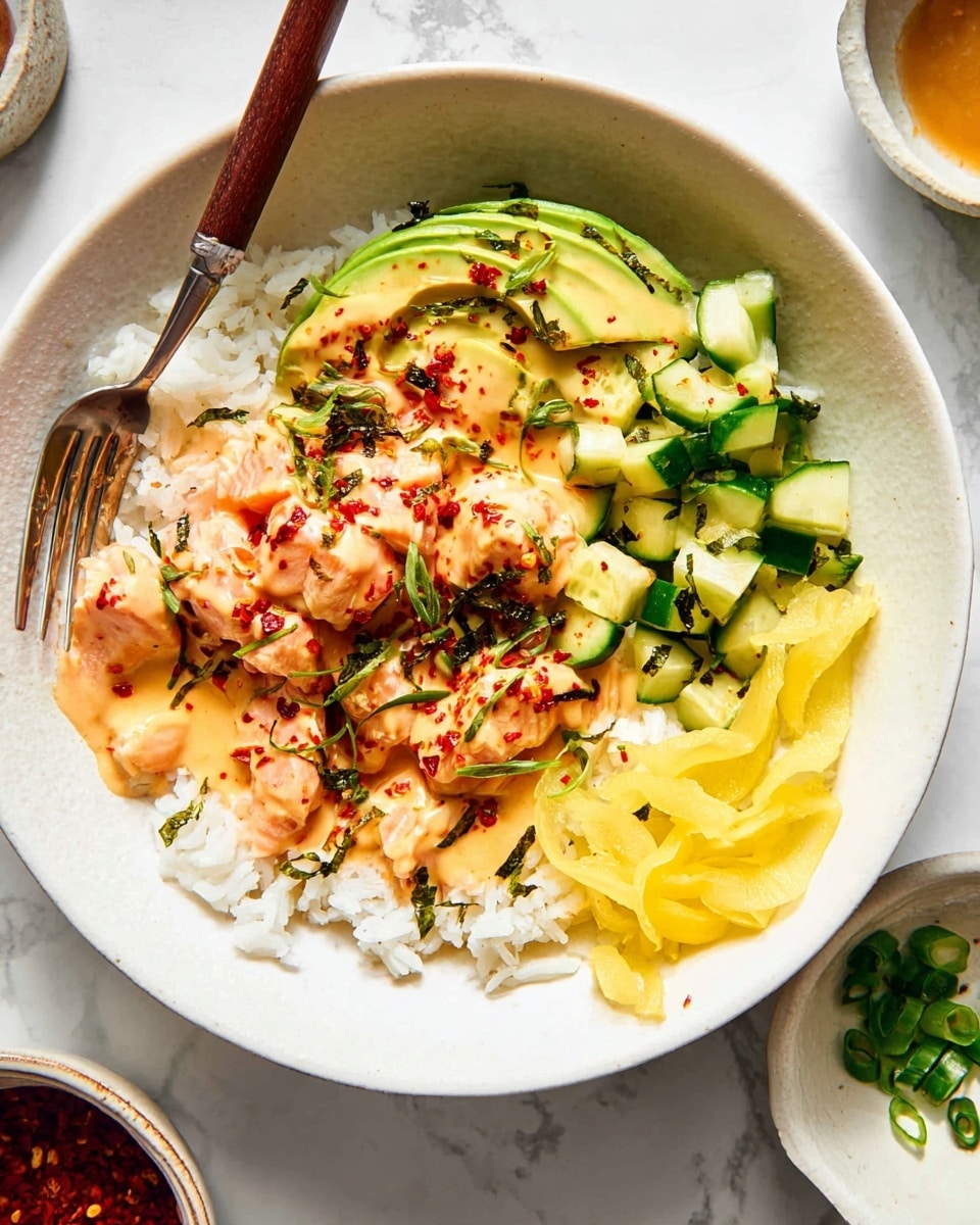A white bowl with four main layers is shown on a white marbled texture. The base layer consists of fluffy white rice. On top of the rice, on the right side, there are chunks of cooked salmon covered in a light orange creamy sauce, sprinkled with red chili flakes and green herbs. To the left of the salmon, there are thin slices of avocado with green and yellow hues, also lightly covered with the sauce and herbs. Above the avocado and salmon, there are fresh cucumber pieces cut into small chunks with green skin and pale inside, sprinkled with chopped green onions. At the bottom right edge of the bowl, there are delicate curls of yellow pickled ginger. A fork with a wooden handle rests angled on the left side of the bowl, partly inserted in the rice. Small bowls with sauces and other ingredients can be partly seen on the white marbled surface around the main bowl. photo taken with an iphone --ar 4:5 --v 7