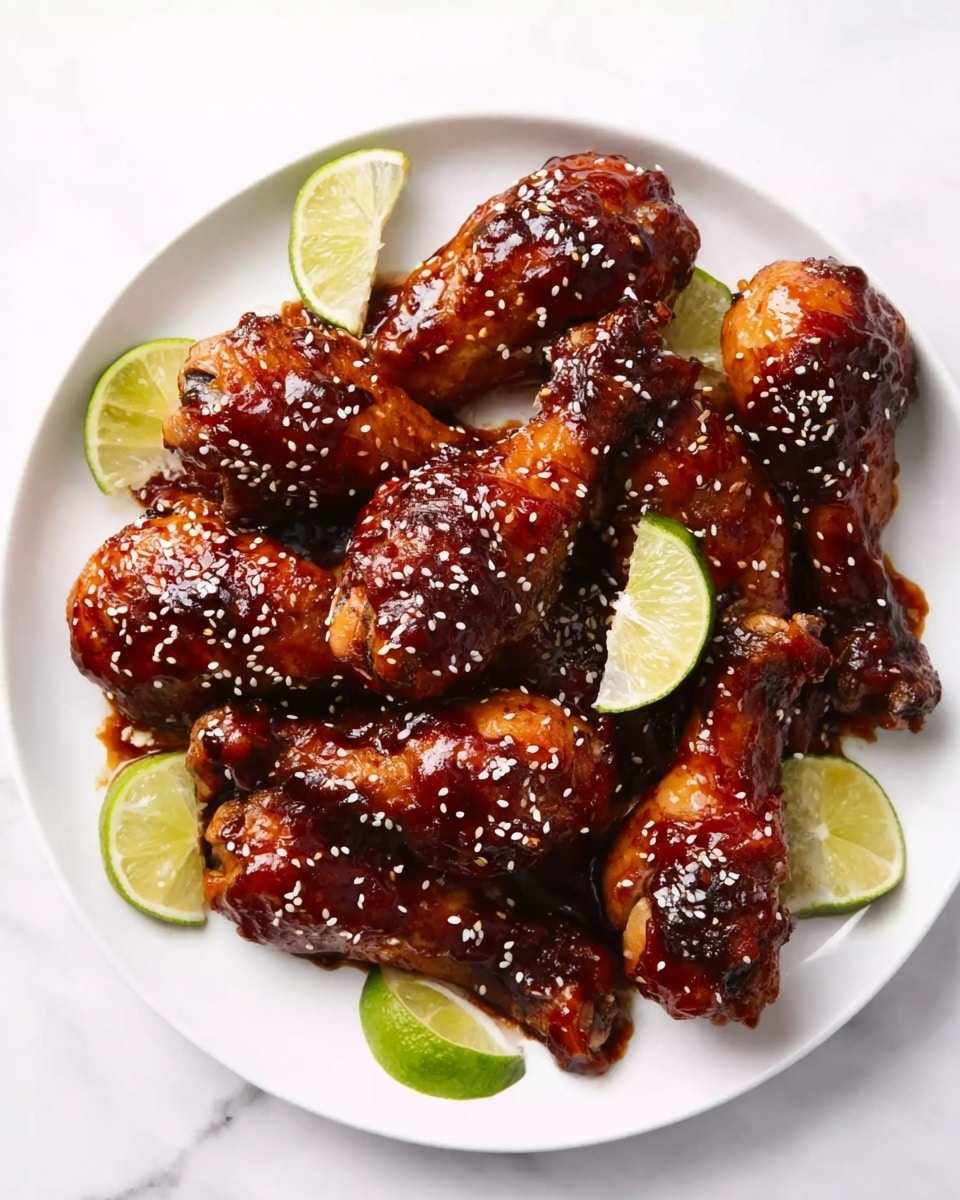 A white round plate holds ten dark brown glazed drumsticks arranged in a loose pile. The drumsticks are shiny with a sticky sauce coating, sprinkled with small white sesame seeds throughout. Around the drumsticks, several lime wedges with light green flesh and pale green rind are placed, adding bright contrast. The plate sits on a white marbled surface. photo taken with an iphone --ar 4:5 --v 7
