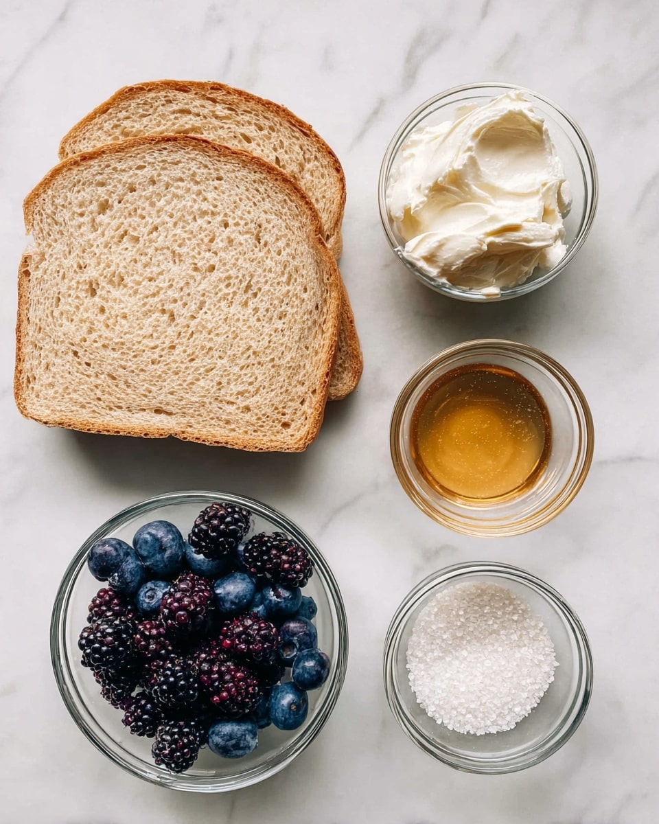 Two slices of light brown bread with a soft texture lie flat on a white marbled surface. Around them are four small clear glass bowls: one with white creamy cheese, another with golden honey, a third with coarse white salt, and the last filled with fresh blueberries and blackberries, showing deep blue and dark purple colors. The items are spaced evenly, forming a neat arrangement. Photo taken with an iphone --ar 4:5 --v 7