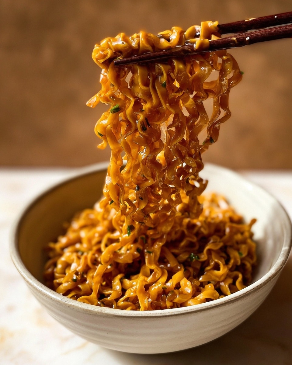 A close-up of wavy, orange-colored noodles coated with a glossy sauce, being lifted by dark brown chopsticks above a white bowl filled with more noodles. The sauce has small green herb bits scattered across the noodles, and the noodles appear thick with a slightly rough, ridged texture. The white bowl has a smooth surface and sits on a white marbled textured surface. The background is softly blurred in warm brown tones, focusing attention on the noodles. Photo taken with an iphone --ar 4:5 --v 7