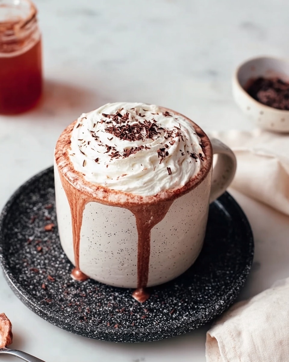 A white ceramic mug filled with hot chocolate topped with a big swirl of white whipped cream and sprinkled with dark chocolate shavings. The hot chocolate overflows slightly, dripping down the sides of the mug. The mug sits on a dark speckled round plate placed on a white marbled surface. Nearby, there is a small jar with a red liquid and a white cloth napkin partially visible. A woman's hand is holding a small spoon near the bottom left corner. photo taken with an iphone --ar 4:5 --v 7