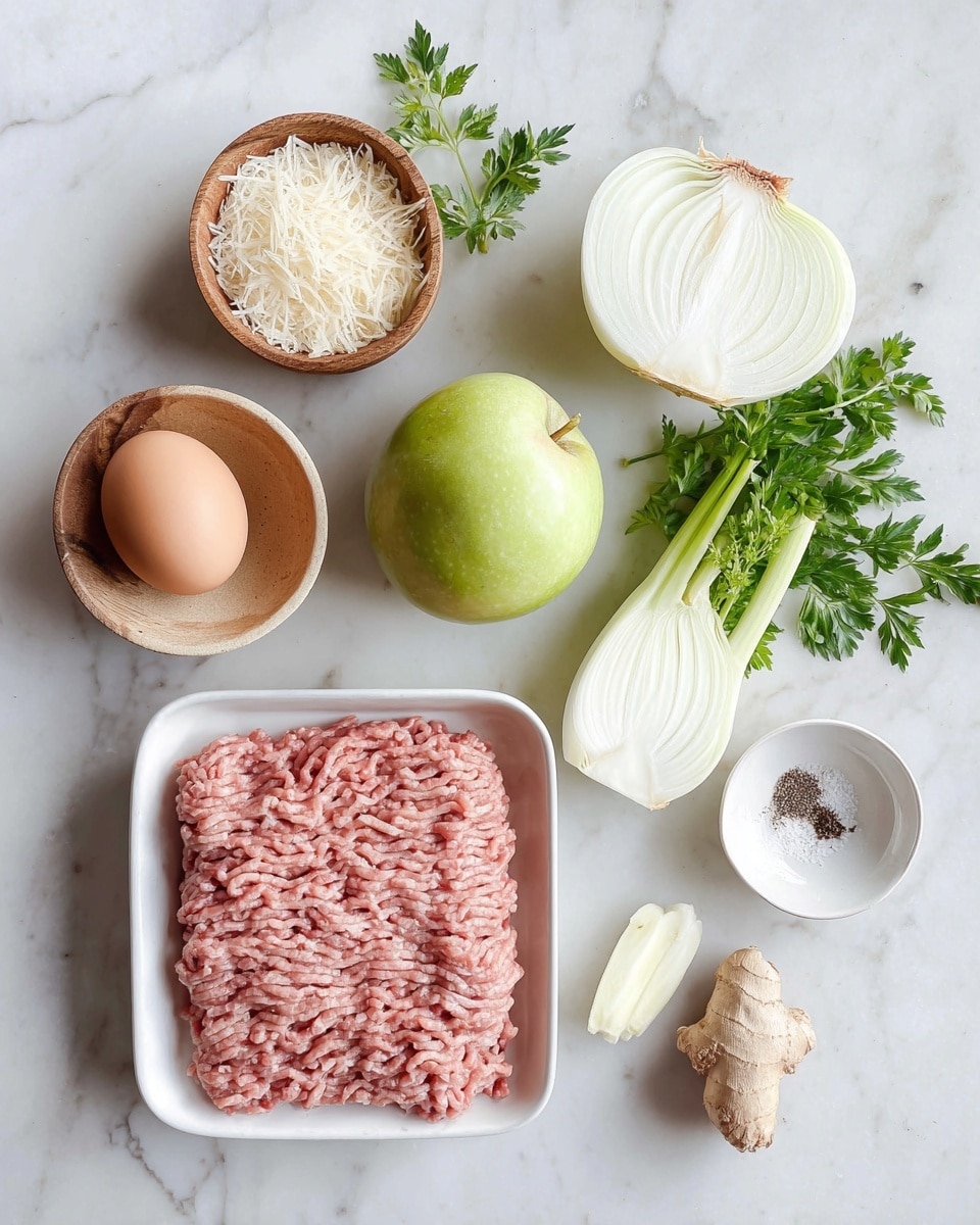 The image shows several raw cooking ingredients arranged on a white marbled surface. There is a large piece of minced pink meat in a white tray at the bottom left. Above it, there is a smooth light brown egg lying in a small wooden bowl with natural grain patterns. To the right of the egg, a large white onion is cut in half, exposing its white layers with brown skin around the edge. Below the onion is a light green apple with a small brown stem. Next to the apple is a whole fennel bulb with white layers and green fronds sticking out. A few sprigs of fresh green parsley spread across the middle right. Above the parsley, a light yellow bowl holds white, fine grated cheese or flakes. To the right of the parsley, a small piece of pale ginger root lies on the surface. At the bottom right, a small white round dish holds white salt and coarsely ground black pepper side by side. photo taken with an iphone --ar 4:5 --v 7