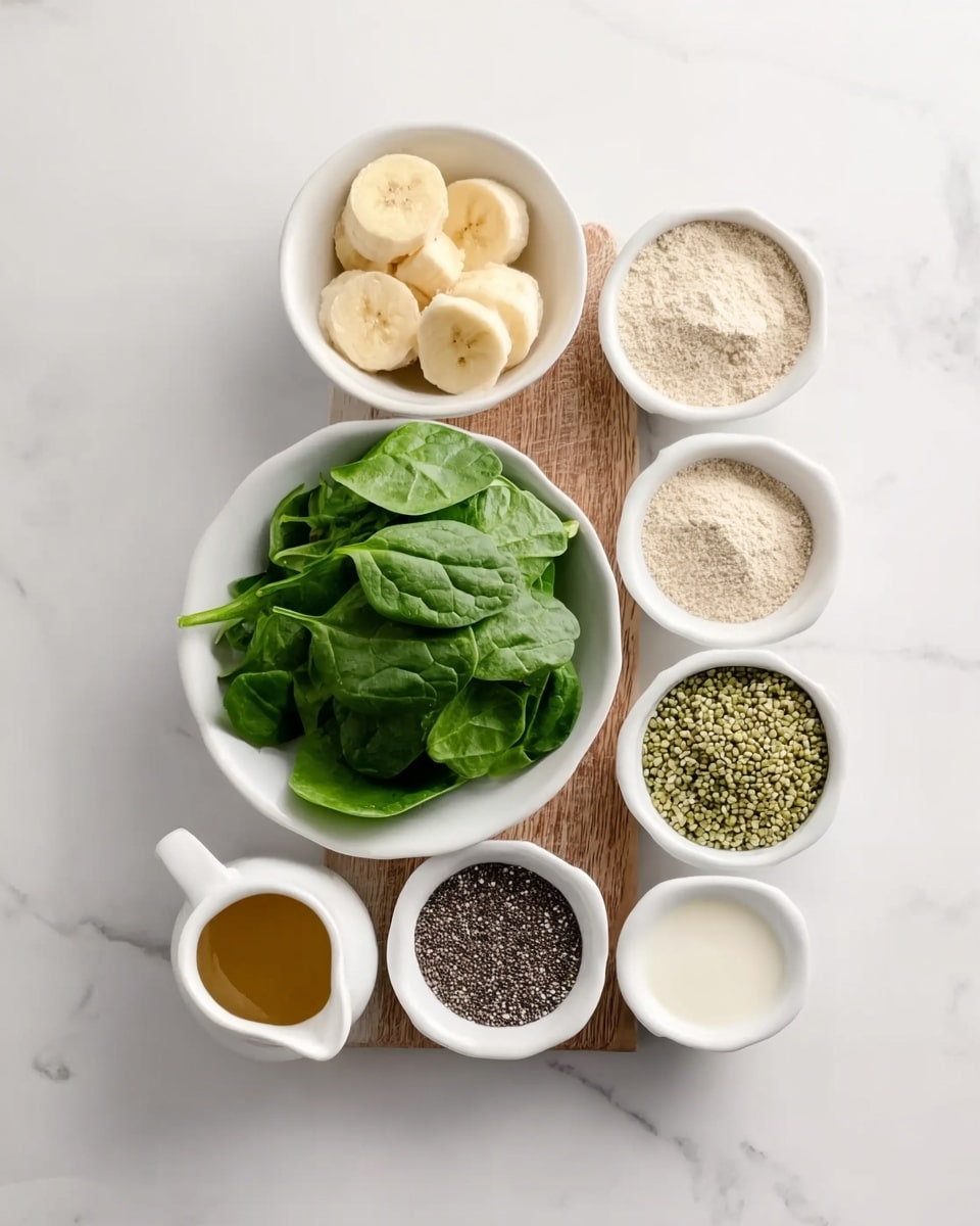 The image shows seven small white bowls arranged on a white marbled surface with a wooden board underneath some bowls. The largest bowl near the center is filled with fresh green spinach leaves, smooth and vibrant. To the upper left, a bowl is filled with thick round slices of pale yellow frozen banana. On the upper right, a bowl contains light beige powder. Below the banana bowl, a small white bowl holds green hemp seeds with a crunchy texture. Below that, another small bowl contains black chia seeds that look tiny and shiny. At the bottom center, a tiny white pitcher holds a small amount of golden liquid, likely honey or syrup. To the right of the pitcher, a small bowl holds white liquid, likely milk. The setup is neat and all containers are white, placed on a white marbled surface with part of the wooden board showing. Photo taken with an iphone --ar 4:5 --v 7