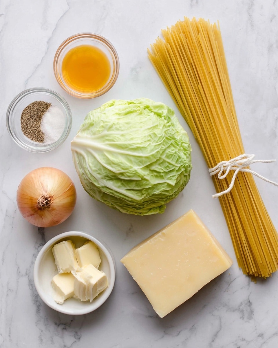 A flat lay of cooking ingredients placed on a white marbled surface: a bunch of uncooked yellow spaghetti tied with white string on the right center; below and slightly left, a fresh green cabbage head; above the cabbage, a whole yellow onion; to the top left, small clear bowls holding orange-colored liquid and a mix of black pepper and white salt; below the bowls, a white bowl with two sticks of pale yellow butter; next to it, three peeled garlic cloves; and on the bottom left, a block of hard yellow cheese. photo taken with an iphone --ar 4:5 --v 7