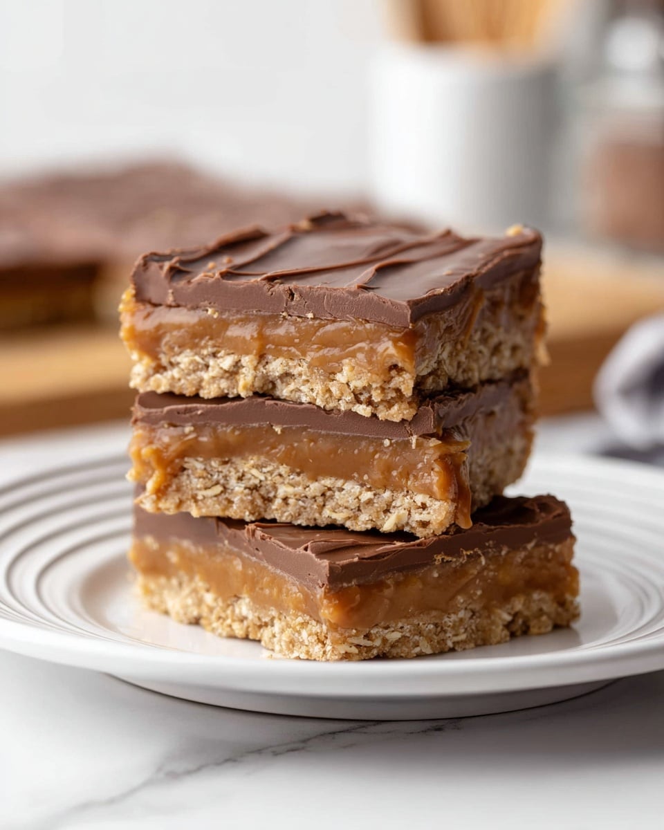 The image shows three stacked dessert bars on a white plate with thin circular ridges. Each bar has three layers: the bottom layer is a light brown, oat-filled crust with a coarse texture; the middle layer is a smooth, caramel-colored filling; the top layer is a thick, glossy chocolate frosting with a slight swirl pattern. The bars are neatly stacked with the top bar slightly askew, and the background is a white marbled surface with blurred kitchen items in soft focus. Photo taken with an iphone --ar 4:5 --v 7