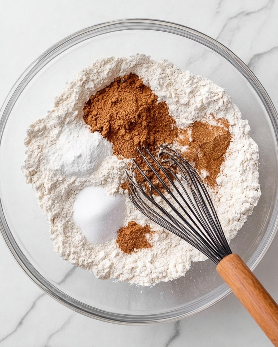 A clear glass bowl sits on a white marbled surface filled with a base layer of white flour that covers the bottom. On top of the flour, there are four smaller piles of different powders: a large mound of brown cinnamon powder on the left, a medium-sized heap of white baking powder or soda at the top center, a small pile of brown spice on the right being mixed with a black whisk that has a wooden handle, and two separate small mounds of white salt or sugar near the bottom left and near the center. photo taken with an iphone --ar 4:5 --v 7