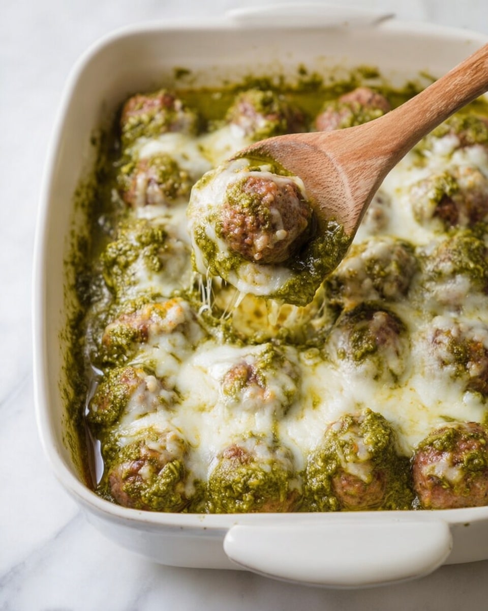 The image shows a white baking dish filled with small round meatballs layered with a thick green pesto sauce and melted white cheese on top. The meatballs have a browned texture and are evenly spaced in the dish. A wooden spoon is lifting one meatball from the middle, showing the mix of green sauce and slightly stringy melted cheese. The dish is placed on a white marbled surface. photo taken with an iphone --ar 4:5 --v 7