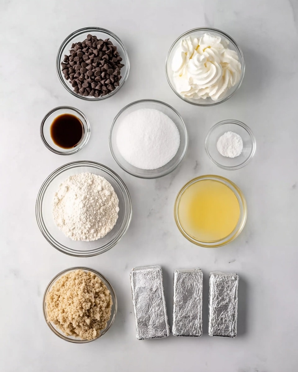 The image shows several clear glass bowls and silver-wrapped blocks arranged neatly on a white marbled surface. There are seven main items: a bowl with dark brown chocolate chips, a bowl with white whipped cream, a small bowl with a dark brown liquid, a bowl with white powdered sugar, a bowl filled with a light tan crumbly mixture, a small bowl with yellow melted butter, and three silver-wrapped rectangles lined up together. Each item is spaced evenly and visually distinct by color and texture, creating a clean and organized look. Photo taken with an iphone --ar 4:5 --v 7