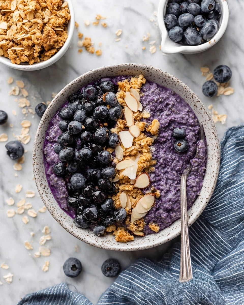 A white speckled bowl filled with three layers: the bottom layer is thick, purple blueberry oatmeal with a creamy texture, the middle layer is scattered fresh dark blueberries sitting on top, and the top layer is golden brown granola clusters and thin almond slices placed in the center. A silver spoon rests inside the bowl on the right side, partially submerged in the oatmeal. Surrounding the bowl are a small white bowl of granola in the bottom left corner, a white measuring cup with blueberries in the upper right, and some scattered blueberries and oats on a white marbled surface. A blue and white striped cloth is at the bottom right edge. Photo taken with an iphone --ar 4:5 --v 7