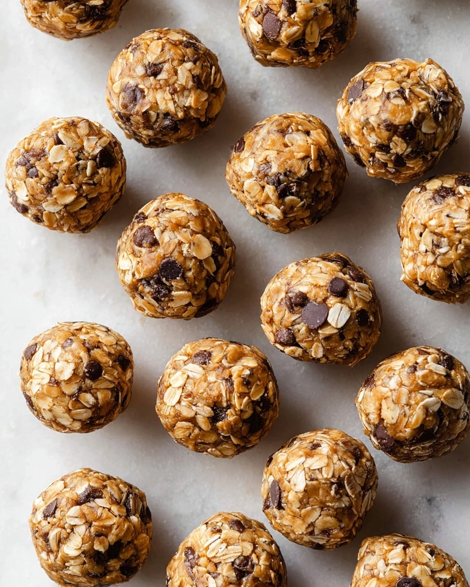 The image shows many small round energy balls made from oats, peanut butter, chocolate chips, and other mixed nuts. Each ball has a rough texture with pieces of oats and chocolate chips clearly visible, giving a mix of light brown, dark brown, and creamy beige colors. The balls are arranged closely on a white marbled surface, with some slight shadows between them. The shot is a close-up from above, showing the thickness and densely packed ingredients of each ball. photo taken with an iphone --ar 4:5 --v 7