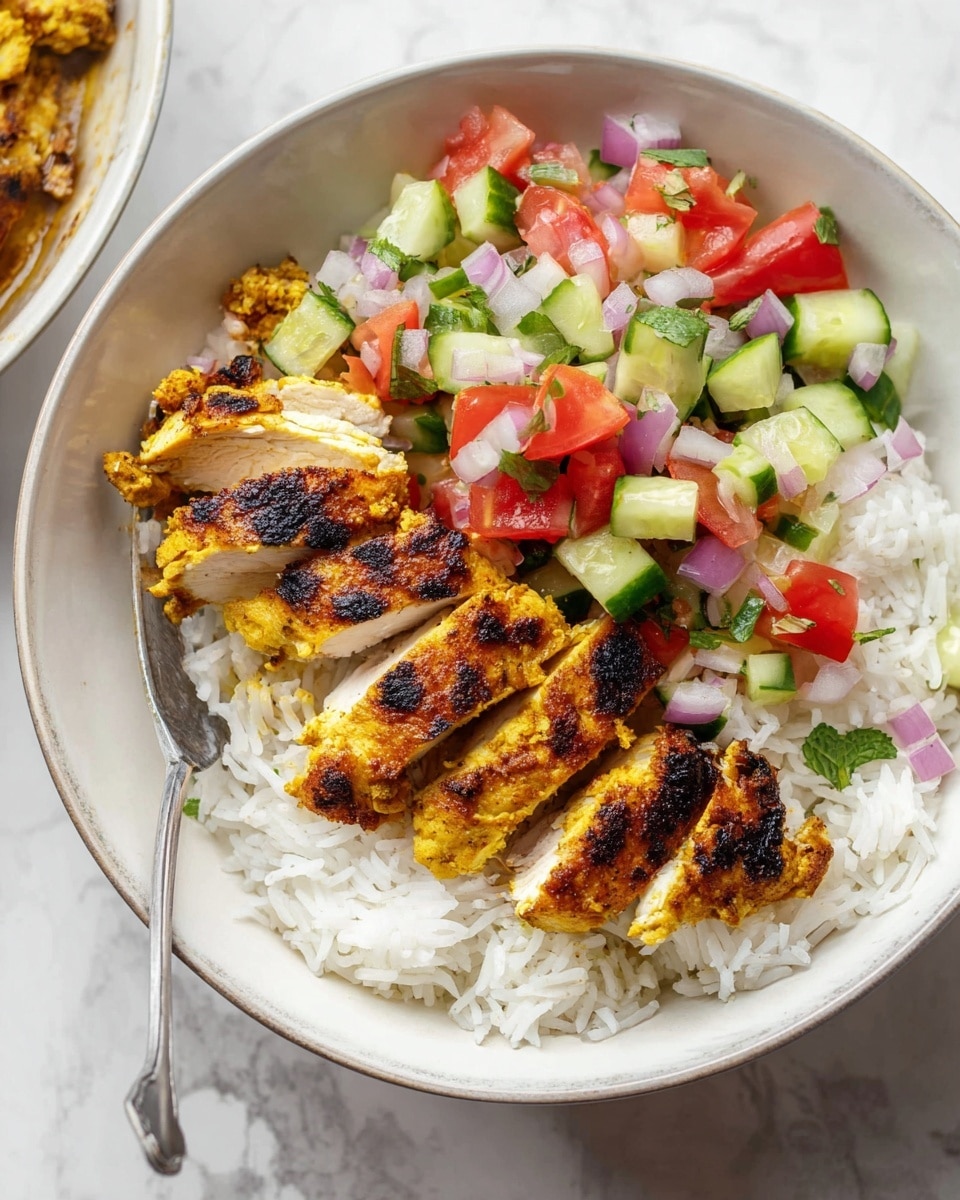 A white bowl sits on a white marbled surface filled with three main layers. The bottom layer is fluffy white rice, covering the whole bowl. On one side, there are several slices of grilled yellow chicken with charred spots, laid on top of the rice. The top layer is a fresh mix of diced green cucumber, red tomato, and purple onion, scattered over both the chicken and rice. A silver fork rests inside the bowl at the front left edge. Photo taken with an iphone --ar 4:5 --v 7