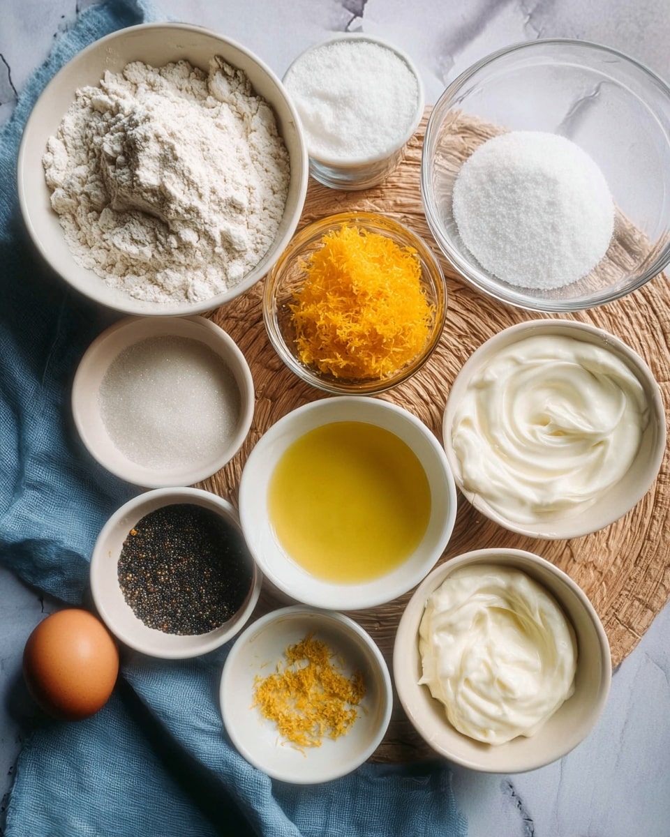 The image shows a white bowl with a rough flour texture on top left, next to a round glass bowl filled with white sugar on the top right. Below the flour bowl is a glass container holding bright orange zest. In the center is a small white bowl with yellow liquid oil. To the right of the oil bowl, there is a glass bowl full of thick white cream. Below these bowls are more small dishes including a white bowl with white powder, a white bowl with dark poppy seeds, and another white bowl with a light yellow liquid. Two brown eggs rest on a blue cloth near the bottom left corner. All items are placed on a round woven mat with a white marbled surface around it. Photo taken with an iphone --ar 4:5 --v 7