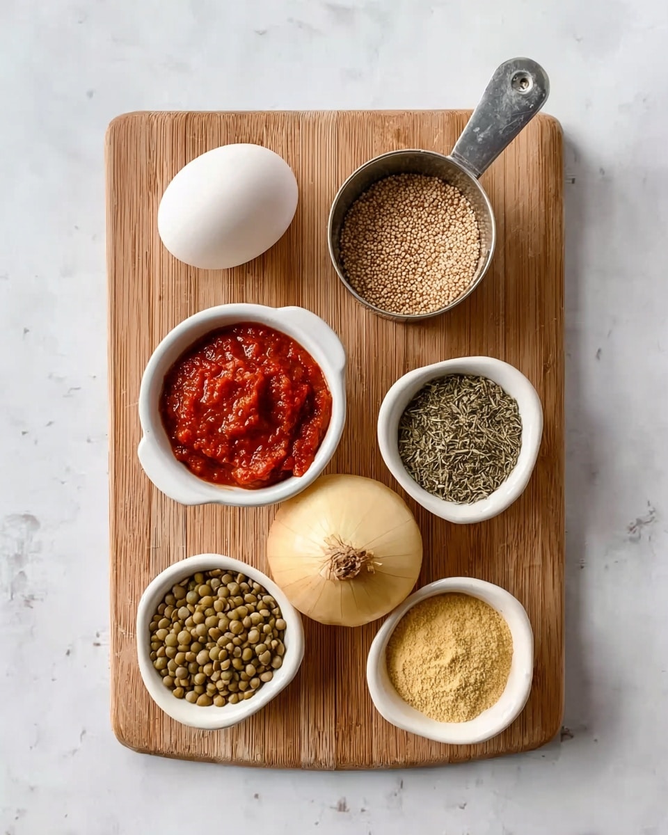 A wooden board placed on a white marbled surface holds various ingredients arranged neatly. At the top left is a single white egg. To its right is a silver measuring cup filled with a light brown grainy substance. Below the egg is a small white bowl filled with a thick red paste, while next to it are two garlic cloves and a whole yellow onion centered on the board. At the top right side of the onion is a small white bowl containing a mix of dried herbs. Below the onion, on the left, is a small white bowl filled with green lentils, and next to it on the right is another small white bowl with a pale yellow powder. The colors and textures contrast clearly against the wooden board and white marbled background, showing the freshness and variety of the ingredients photo taken with an iphone --ar 4:5 --v 7