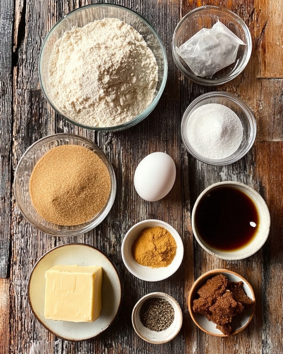 Top view of several glass bowls and a white egg arranged on a worn wooden surface. The largest bowl at the top center is filled with pale white flour with a soft powdery texture. To the right is a smaller bowl of fine white powder, likely baking soda. Below the flour is a bowl with pale brown granulated sugar, smooth and slightly sparkling. Next to the sugar and flour is a small pile of three ground spices in golden yellow, orange, and light brown colors. Below this is a tea bag resting next to a whole white egg, near the center. To the right of the egg is a round white bowl filled with dark brown liquid, glossy and smooth. Below this is a chunky square of pale yellow butter in a small white bowl. To the left of the butter is a bowl of soft, crumbly dark brown sugar. At the very bottom center is a tiny white bowl containing ground black pepper. The background shows a rough wooden tabletop with visible grain and cracks photo taken with an iphone --ar 4:5 --v 7
