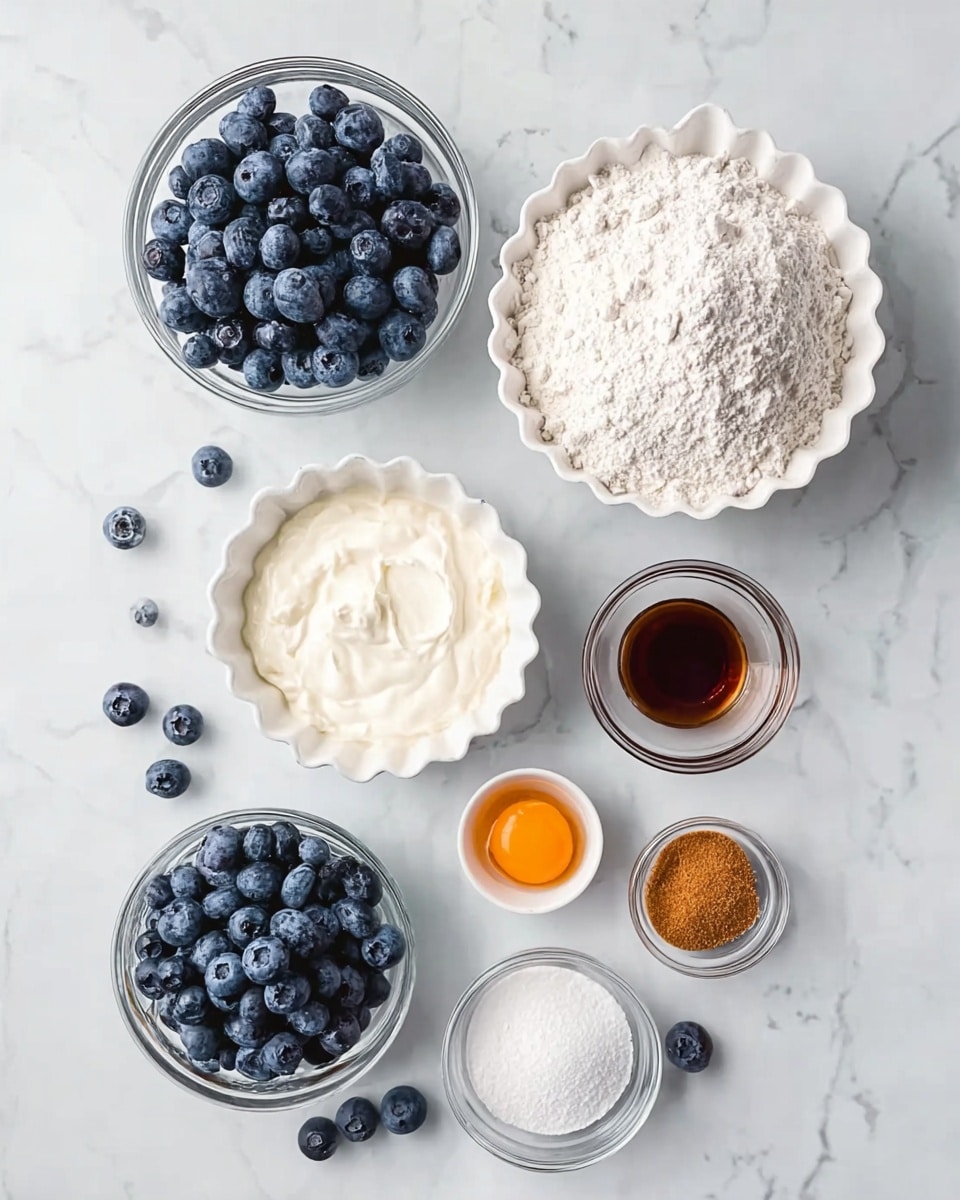 The image shows several small bowls and a few loose blueberries arranged on a white marbled surface. There are clear glass bowls filled with fresh blueberries in two sizes, one large and one medium. A white scalloped bowl in the center holds a thick white creamy ingredient. Near it is another white scalloped bowl filled with white flour. A small white bowl contains a raw egg with a bright orange yolk and translucent egg white. Three smaller glass bowls hold finely granulated light brown sugar, fine white salt, and dark brown vanilla extract. The overall look is neat and organized with cool and soft natural light. Photo taken with an iphone --ar 4:5 --v 7