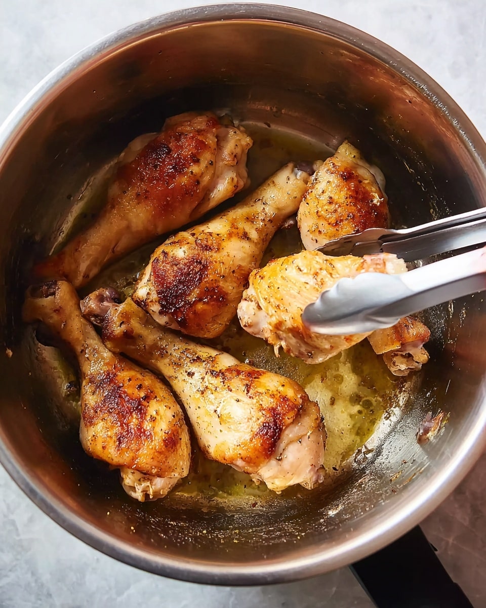 Inside a stainless steel pot with a slightly worn inner surface, there are six golden brown cooked drumsticks arranged unevenly. The drumsticks show crispy skin with some darker brown seasoning spots and slight juices around them. A pair of metal tongs held by a woman's hand is lifting one drumstick, revealing a lightly shiny texture from the cooking oil below. The background around the pot is a white marbled texture. photo taken with an iphone --ar 4:5 --v 7