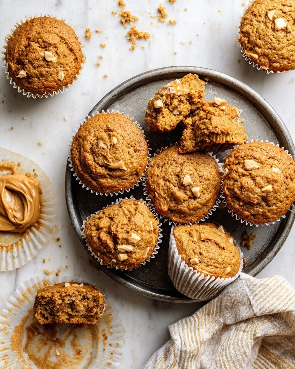 The image shows a round metal baking pan filled with seven golden-brown muffins, each in white paper liners with visible crumbly texture and small chunks on top. One muffin is partly eaten, showing a moist, dense inside with grainy bits. Around the pan, several whole muffins and muffin pieces are scattered on a white marbled surface. Some muffin tops have a layer of smooth peanut butter spread. There are scattered crumbs and a folded beige cloth with white stripes near the bottom right. Photo taken with an iphone --ar 4:5 --v 7