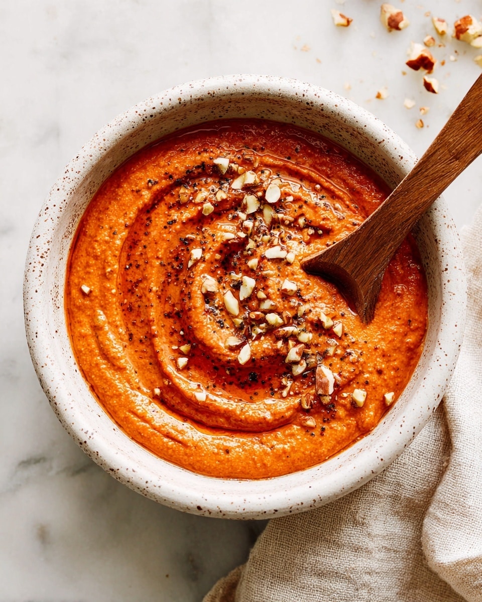 The image shows one white speckled bowl filled with a thick orange-red dip or spread that has a smooth yet slightly coarse texture. The top layer is swirled with a spoon or spatula, creating a spiral pattern, and is sprinkled with crushed nuts and small seeds along with some fine herbs or spices. A wooden spoon rests inside the bowl, partially submerged in the dip. The bowl sits on a white marbled surface next to a beige linen cloth, enhancing the natural and rustic look. Photo taken with an iphone --ar 4:5 --v 7