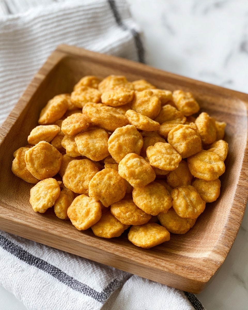 The image shows a wooden square bowl filled with small, round, golden-brown bite-sized snacks. Each piece has a slightly rough texture and appears crispy with some small peaks and edges. The snacks are closely packed together, covering the entire bowl surface. The bowl is placed on a white marbled textured surface with a hint of a white cloth with black stripes nearby. photo taken with an iphone --ar 4:5 --v 7