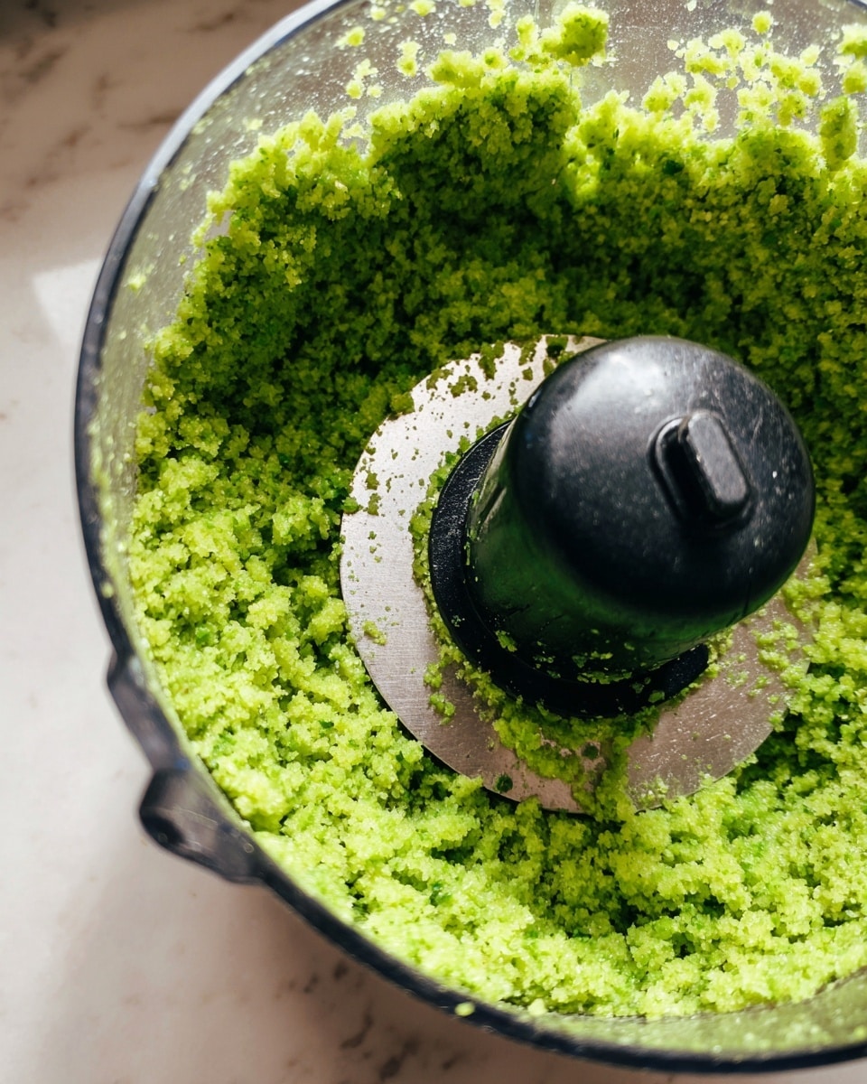 The image shows a close-up view of bright green crushed ingredients inside a transparent food processor bowl. The crushed mixture has a coarse, grainy texture that lines the sides of the bowl in a thick layer. At the center, there is a black sharp blade cover rising above the mixture. The food processor is placed on a white marbled surface, and a woman's hand is partially visible in the background. The crushed green mixture looks fresh and evenly processed. photo taken with an iphone --ar 4:5 --v 7