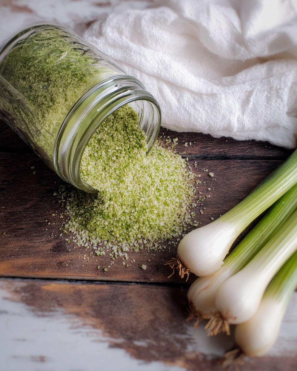 The image shows a clear glass jar filled with green granulated seasoning, lying tilted on a dark wooden surface with some of the green granules spilled around it. To the right of the jar, there are three whole green onions with white bulbs and long green stalks, placed side by side. The background features a white fabric cloth, and the overall surface is a white marbled texture. Photo taken with an iphone --ar 4:5 --v 7