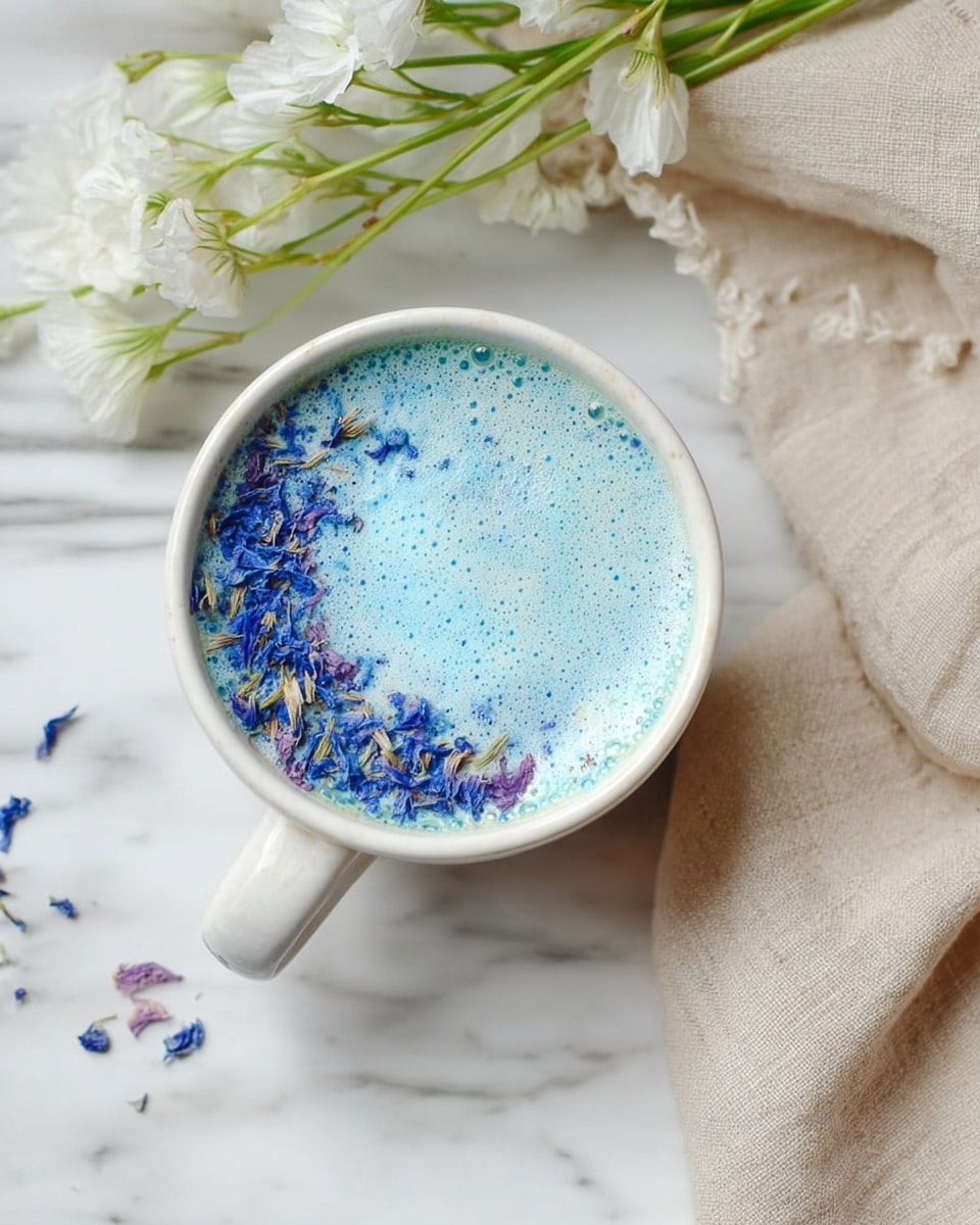 A white cup filled with light blue frothy liquid, topped with small scattered blue and purple dried flower petals arranged in a curve on one side of the surface. The cup is placed on a white marbled texture with a beige cloth nearby, and white flowers with green stems lay next to the cup. Photo taken with an iphone --ar 4:5 --v 7
