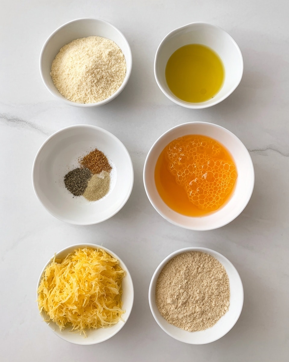 The image shows six small white bowls arranged on a white marbled surface. At the top left is a bowl filled with fine light cream-colored powder, likely cheese. To its right is a bowl of clear golden olive oil. Below the cheese bowl is a white bowl with a beaten egg mixture, bright orange-yellow with bubbles on top. Next to the egg is a bowl holding a mixture of fine dry spices in shades of beige, light brown, black, and dark green. Below the egg bowl, there is a bowl with shredded yellow strands, soft and wet in texture. To the right of this bowl is another white bowl filled with a coarse beige powder, appearing dry. The bowls are evenly spaced, with a clean and simple layout. Photo taken with an iphone --ar 4:5 --v 7