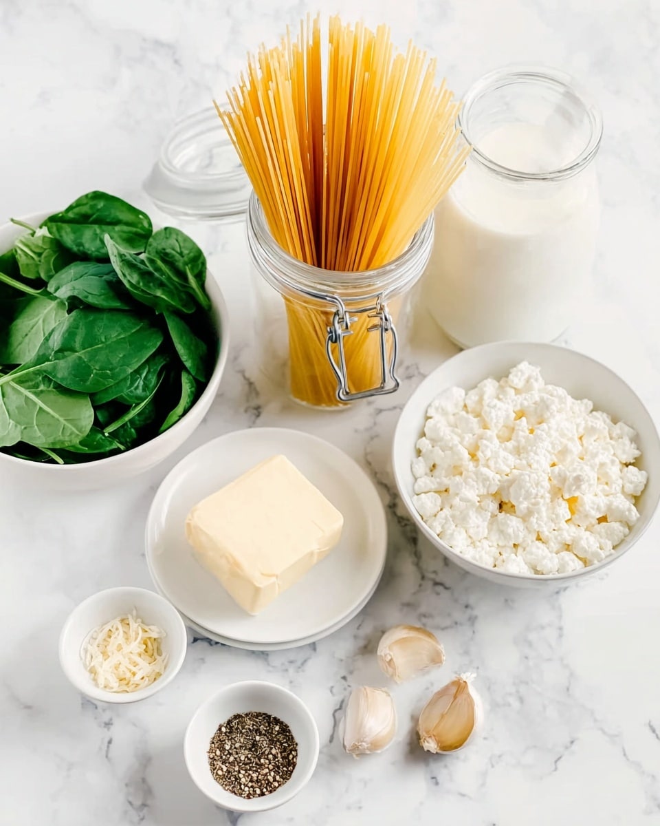 The image shows raw spaghetti pasta standing upright inside a clear glass jar with metal clasps, placed on a white marbled surface. Around the jar are several white bowls and plates holding fresh green spinach leaves, white cottage cheese curds, finely grated pale yellow cheese with two garlic cloves on a plate, a glass jar of white cream or milk, a small plate with a block of butter, and two small white bowls containing coarse salt and ground black pepper. The arrangement is neat and the colors contrast well with the clean white marbled background. photo taken with an iphone --ar 4:5 --v 7