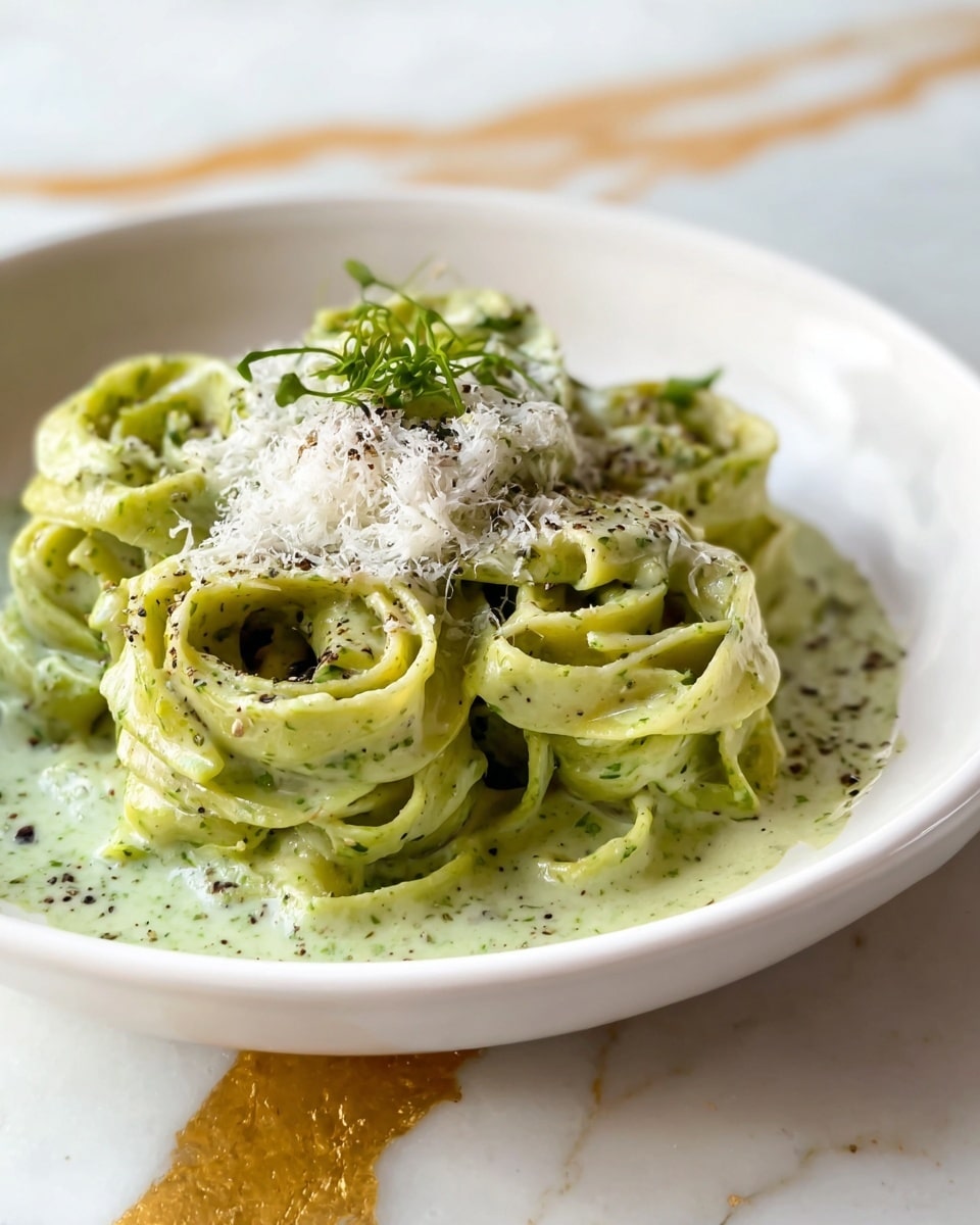 A close-up view of a white plate filled with three layers of green pasta ribbons coated in a creamy light green sauce with visible herb specks. On top of the pasta is a small mound of finely grated white cheese sprinkled with black pepper and garnished with a small green herb sprig. The plate rests on a white marbled surface with a streak of gold detail. Photo taken with an iphone --ar 4:5 --v 7