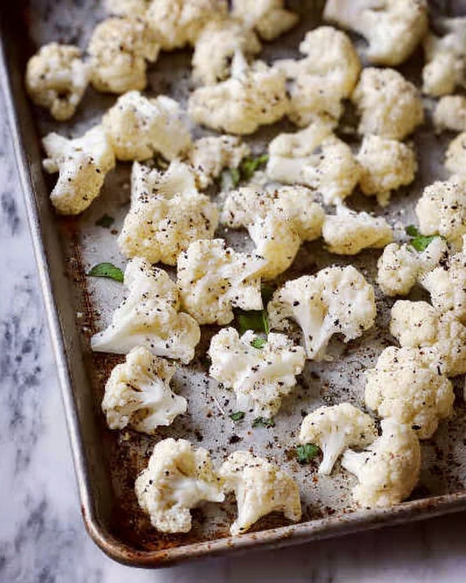 The image shows a metal baking tray filled with many pieces of white cauliflower. Each cauliflower piece is sprinkled with black pepper and small green herbs. The pieces are spread out evenly on the tray, which has a slightly worn look with some dark spots. The background is a white marbled surface. photo taken with an iphone --ar 4:5 --v 7