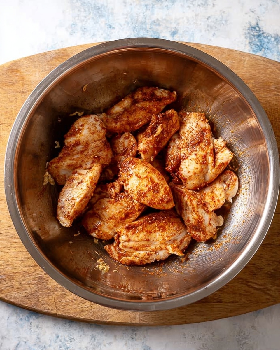 In a large round silver metal bowl placed on a wooden board with a white marbled surface beneath, there are several pieces of cooked chicken with a seasoned reddish-brown coating. The chicken pieces vary in size and shape, some are flat and wide, others more rounded, all arranged loosely in the center of the bowl, showing a textured and slightly crispy surface. The inside of the bowl shows hints of seasoning left around the edges. Photo taken with an iphone --ar 4:5 --v 7