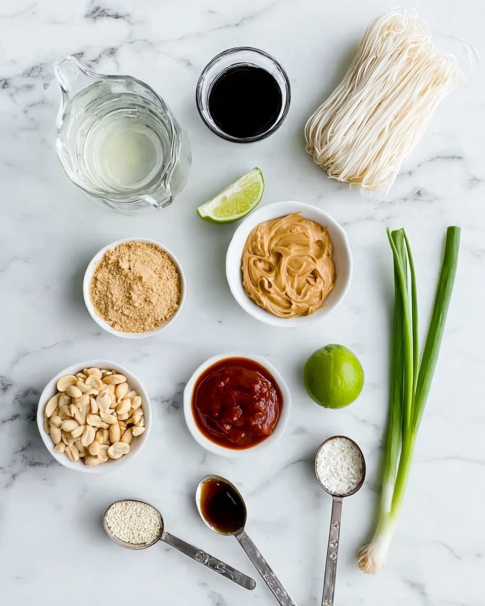 The image shows a white marbled surface with various small bowls and measuring spoons arranged neatly. There is a clear glass jug with a transparent liquid and a small glass cup with a dark liquid near the top. To the right, there is a white bowl filled with creamy peanut butter and a bundle of uncooked white noodles. A half lime with a bright green outer skin and pale green inside lies to the left middle. Below it, a bowl contains light brown sugar, and next to it is a bowl with shelled peanuts. Centered is a small white dish with a thick red sauce. A couple of fresh green onions lie to the right. At the bottom, a white spoon holds a dark syrupy liquid, with two metal measuring spoons nearby one filled with minced garlic and the other with white sesame seeds. The arrangement is clean and bright with natural lighting. photo taken with an iphone --ar 4:5 --v 7