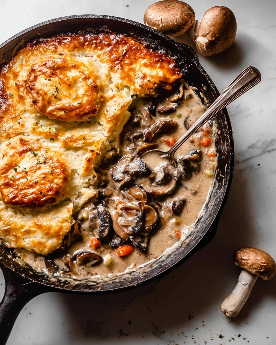 The image shows a black cast iron pan holding a dish with two main parts: on the left, there are two golden-brown, crispy layers of baked dough with melted cheese that looks bubbly and shiny; on the right, a creamy mushroom sauce with different types of brown and orange mushrooms along with small carrot pieces, creating a rich, smooth texture. A spoon rests in the sauce, partially submerged, reflecting light slightly. The pan is set on a white marbled surface with two whole mushrooms resting nearby. Photo taken with an iphone --ar 4:5 --v 7