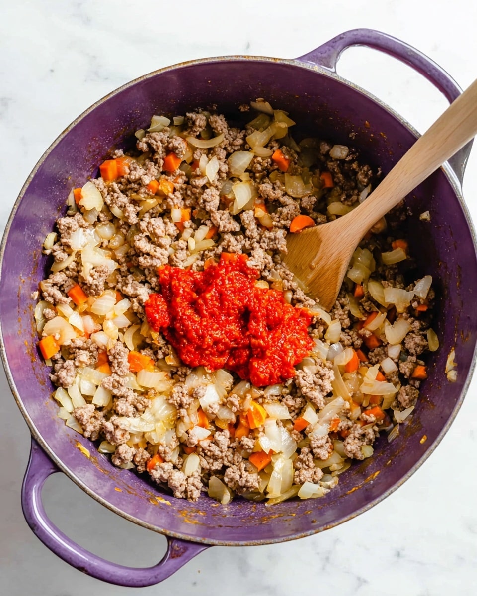 A close-up view of a purple pot filled with cooked ground meat mixed with softened diced onions and small orange carrot pieces. Near the center of the pot, there are two dollops of bright red tomato paste sitting on top of the mixture. A wooden spoon is resting inside the pot on the right side, slightly stirring the ingredients. The pot is placed on a white marbled surface. photo taken with an iphone --ar 4:5 --v 7