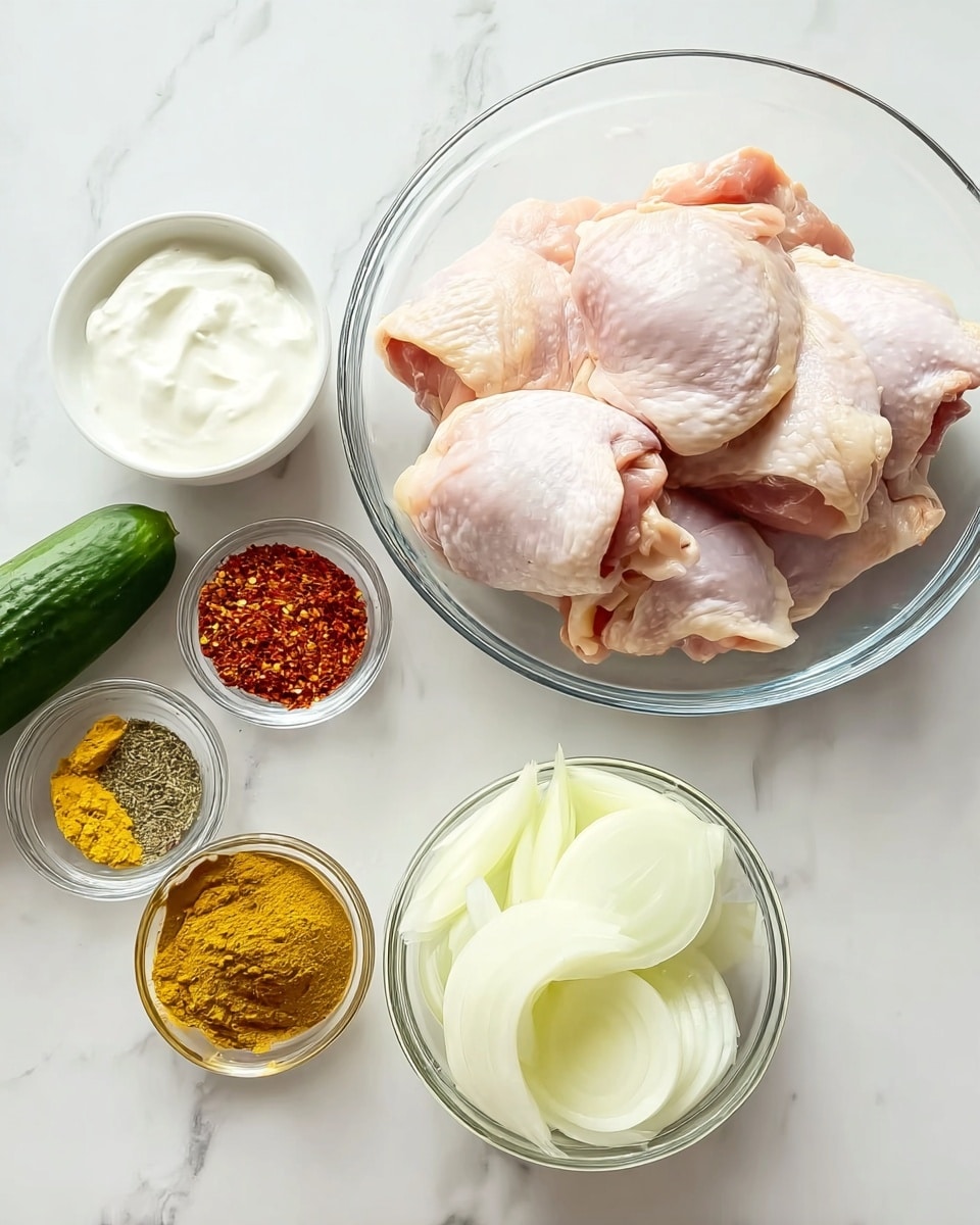 A clear glass bowl filled with several pieces of raw, skin-on chicken thighs placed on the right side of a white marbled surface. Around the bowl, there are five small white bowls containing different ingredients. One small white bowl holds thick white yogurt, positioned near the top left. Two other small white bowls contain colorful spice mixes with reds, yellows, and browns, placed below the yogurt. Another small white bowl with a smooth golden-yellow paste sits beneath the spices. At the bottom right, a clear glass bowl contains thick slices of white onion. A whole cucumber is placed on the left edge of the surface. photo taken with an iphone --ar 4:5 --v 7