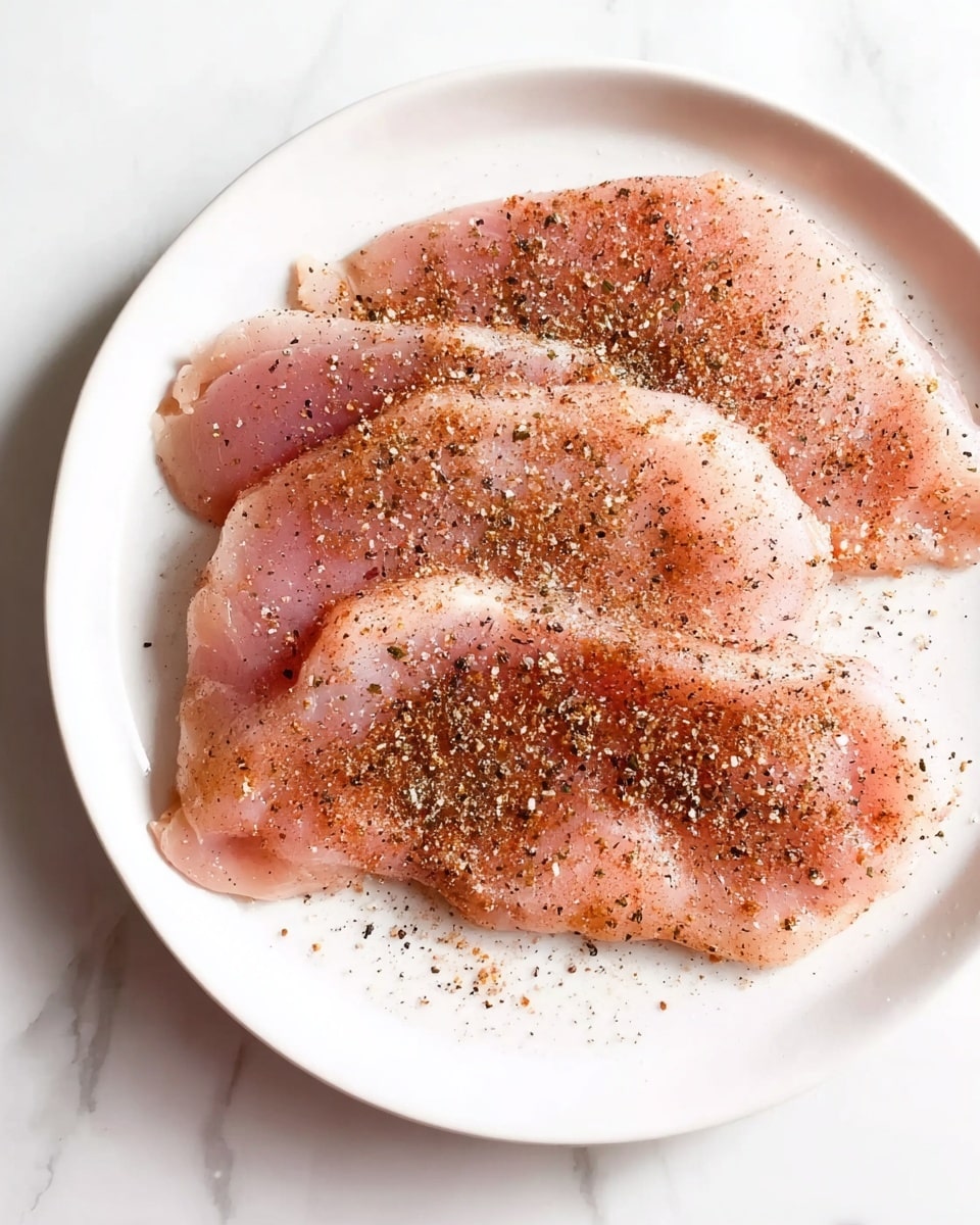 A white plate with three pieces of raw light pink meat placed close together, each piece lightly sprinkled with a reddish-brown spice powder and black pepper flakes evenly spread on top. The plate is set on a white marbled surface. The image is bright and focused on the texture of the meat and the spices, showing clear contrasts between the soft pink flesh and the speckled seasoning photo taken with an iphone --ar 4:5 --v 7