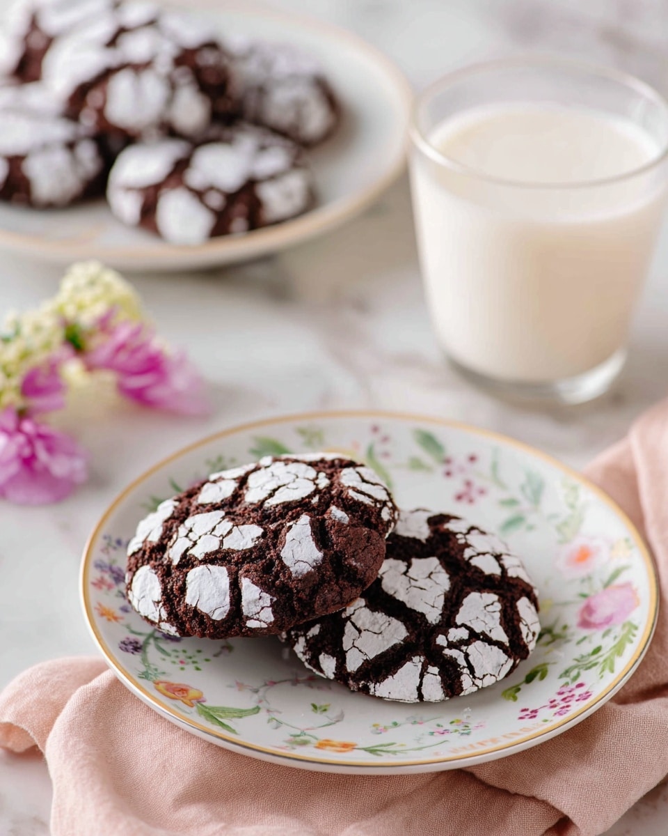 The image shows two dark brown chocolate cookies with a cracked pattern of white powdered sugar on top, placed on a white plate with small colorful flowers and a gold rim. Behind, there is another white plate holding more of the same cookies. To the right of the plates, there is a clear glass filled with milk. A soft pink cloth lies under the front plate, and the whole setting sits on a white marbled surface. Photo taken with an iphone --ar 4:5 --v 7